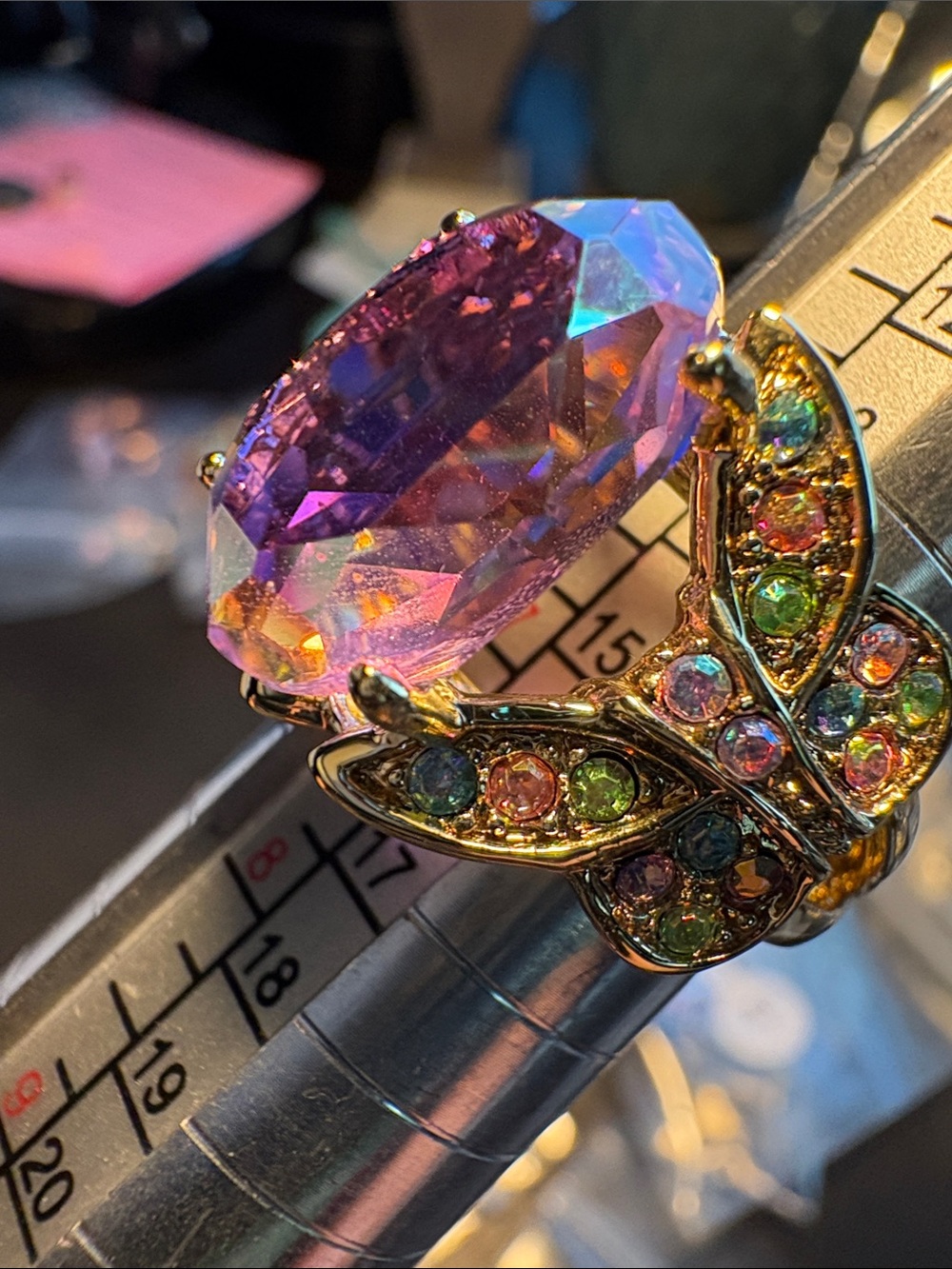 Kirks Folly Gold Butterfly Ring with Pink-Purple Center and Multicolor Accents